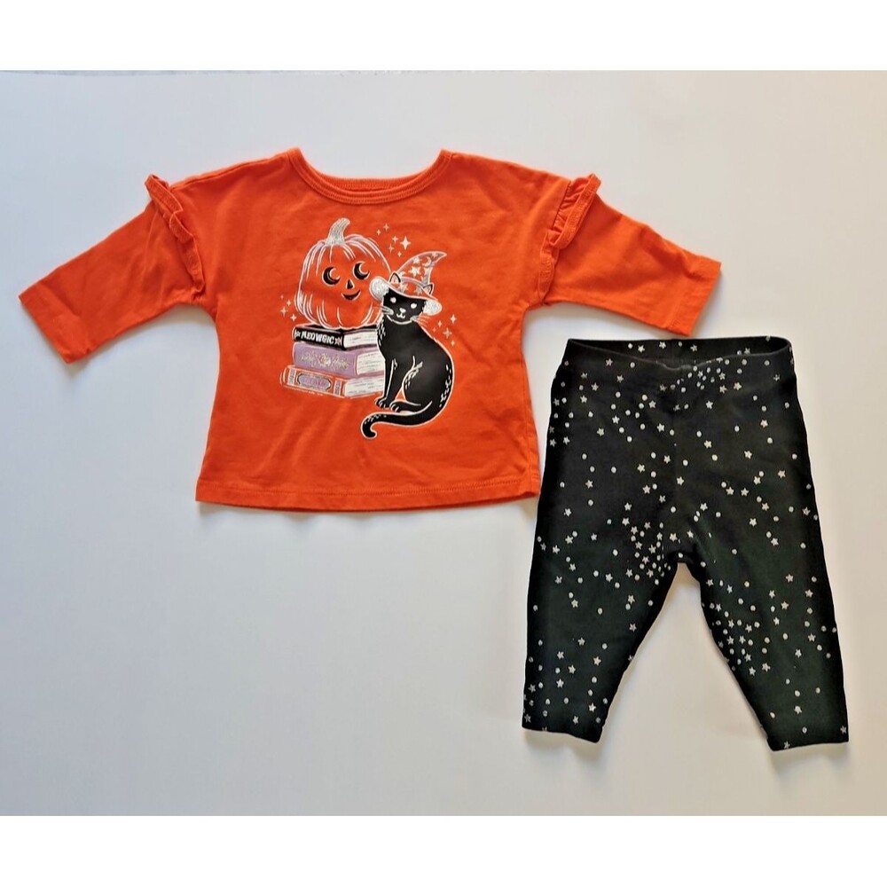 Carter's Halloween Baby Girl Tee & Leggings 3Mo Long Sleeve Glitter Cat Orange